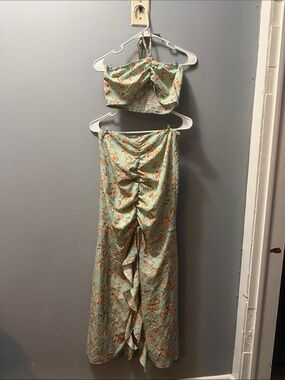Mint Green Floral Ruched Halter Top & Maxi Skirt Set